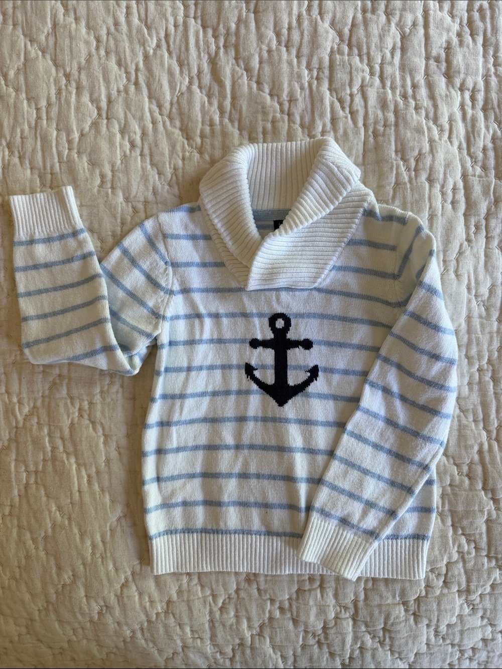 Janie & Jack White & Light Blue Striped Collar Sweater with Nautical Anchor